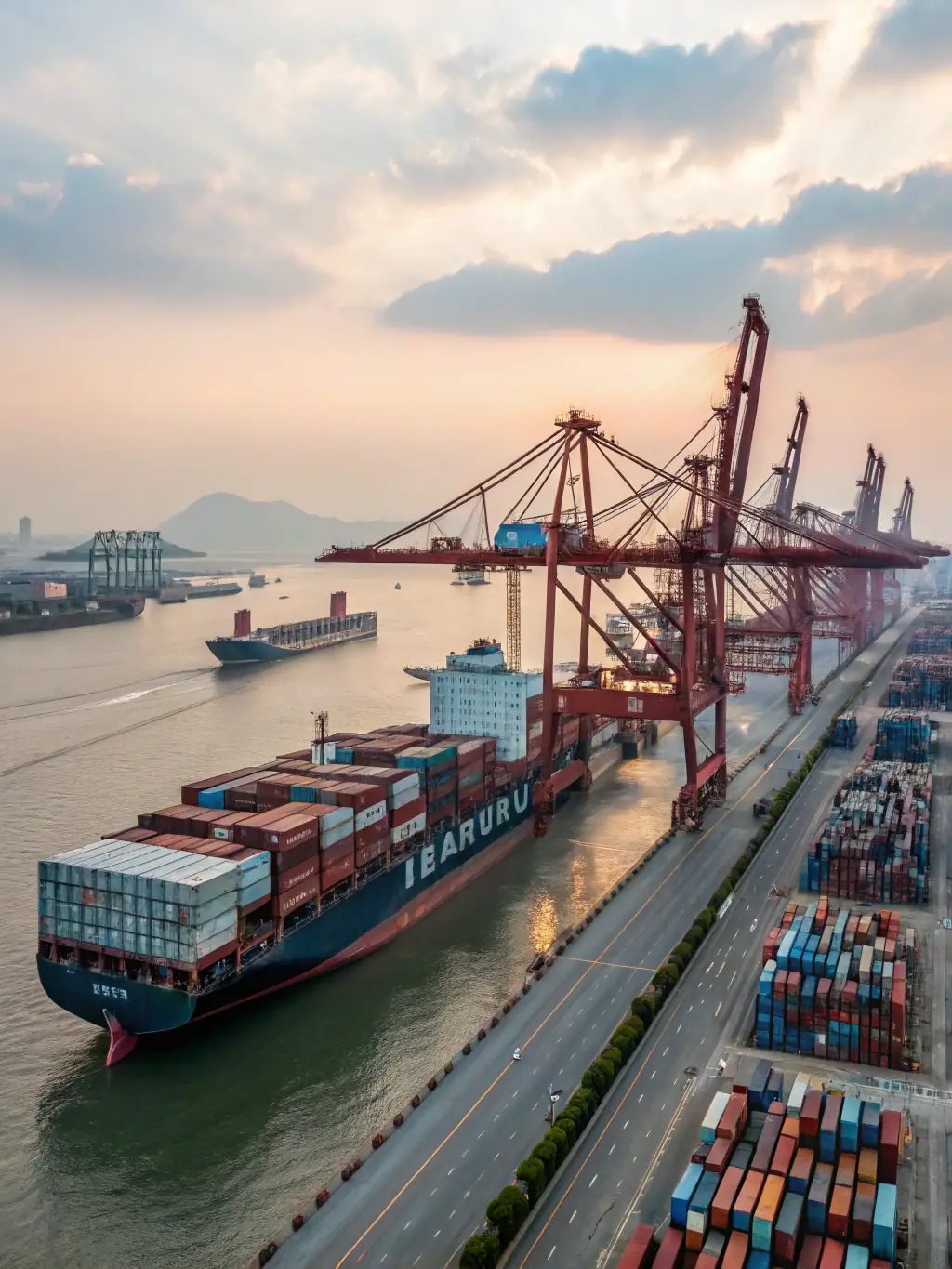 A high-quality photograph showcasing a variety of cars being loaded onto a cargo ship at a bustling port, emphasizing the global reach of Kangaroo Group's import/export services.