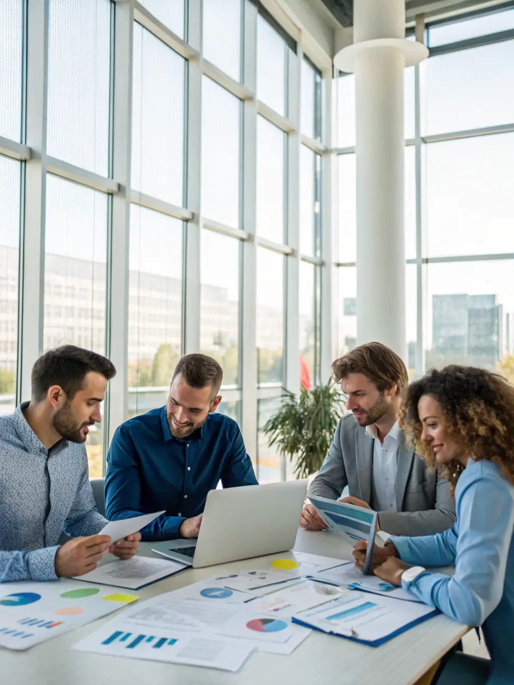 A photograph of Kangaroo Group's team working diligently in an office setting, surrounded by documents and computer screens, conveying professionalism and dedication to client service.