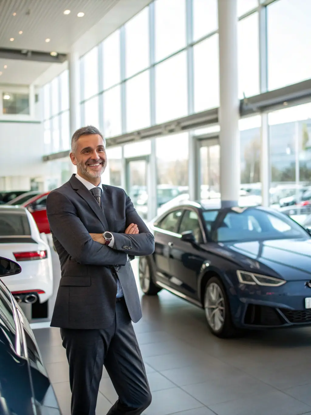 A professional photograph of a modern car dealership with digital advertising screens displaying various car models and promotional offers, showcasing a blend of traditional and digital marketing strategies.