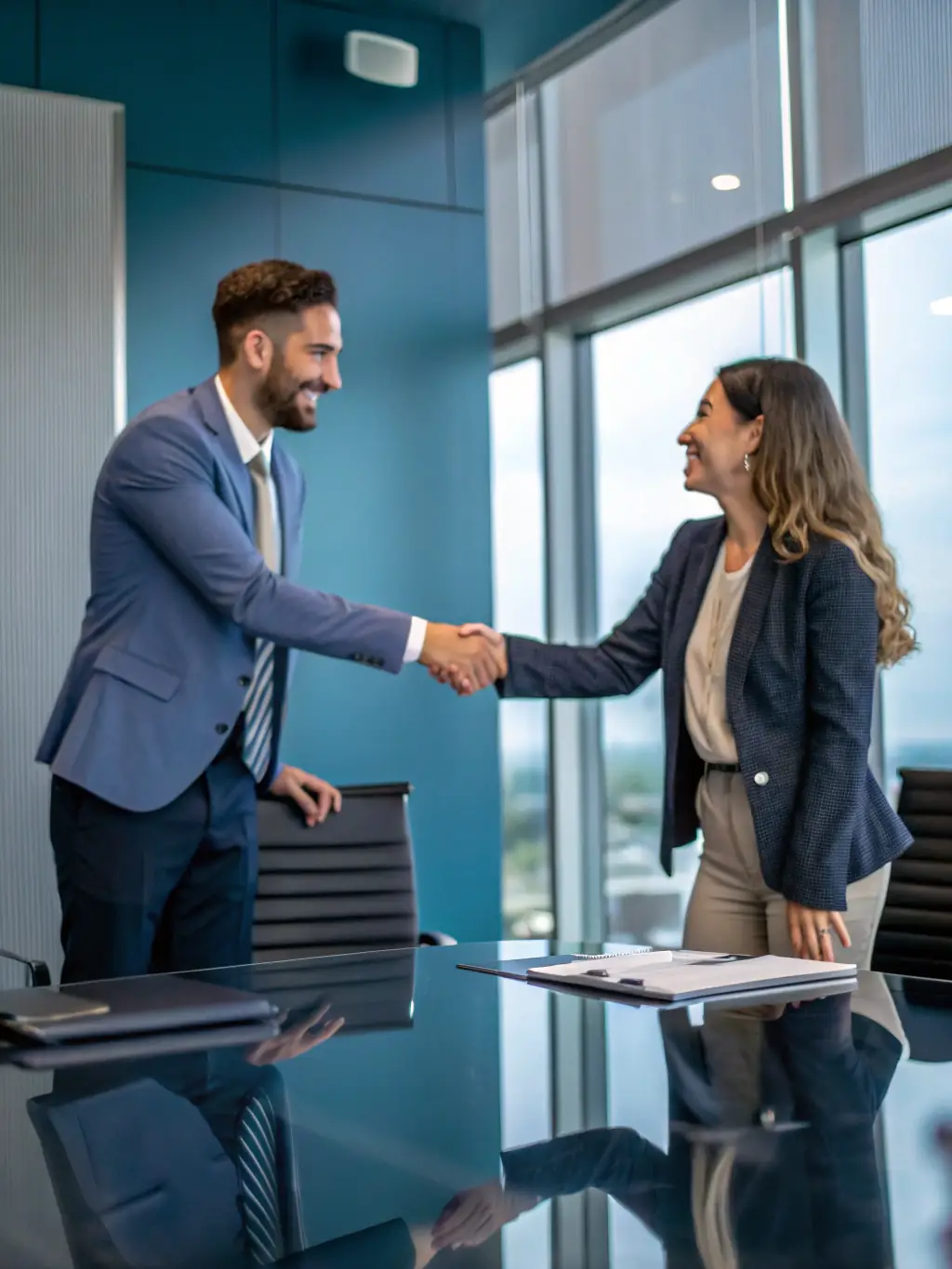 A professional handshake between two business partners in a modern office setting, symbolizing a successful collaboration.